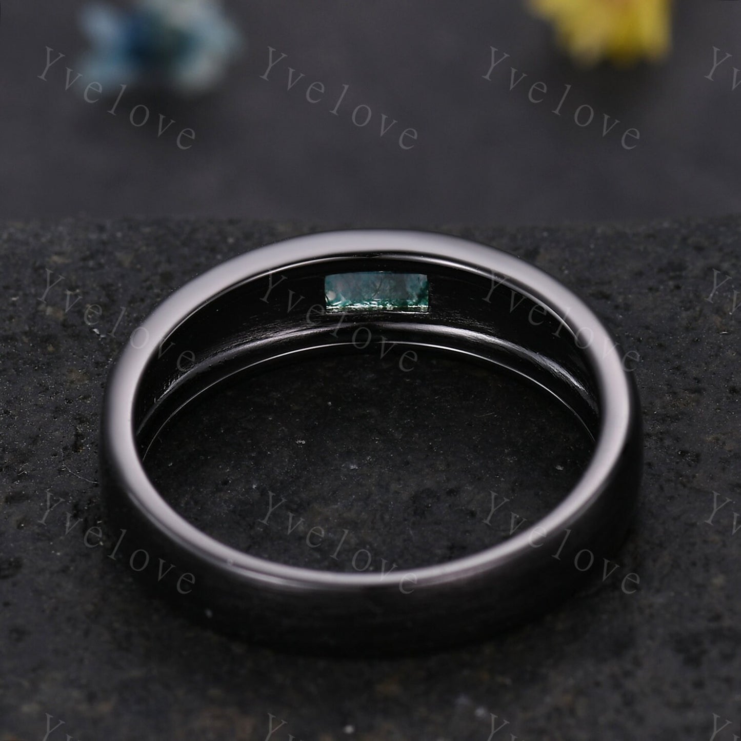 Mens Moss Agate Wedding Band Baguette Cut Natural Agate Band 5mm Black Gold Ring Mens Matte Stacking Matching Band Retro Vintage Ring Gift