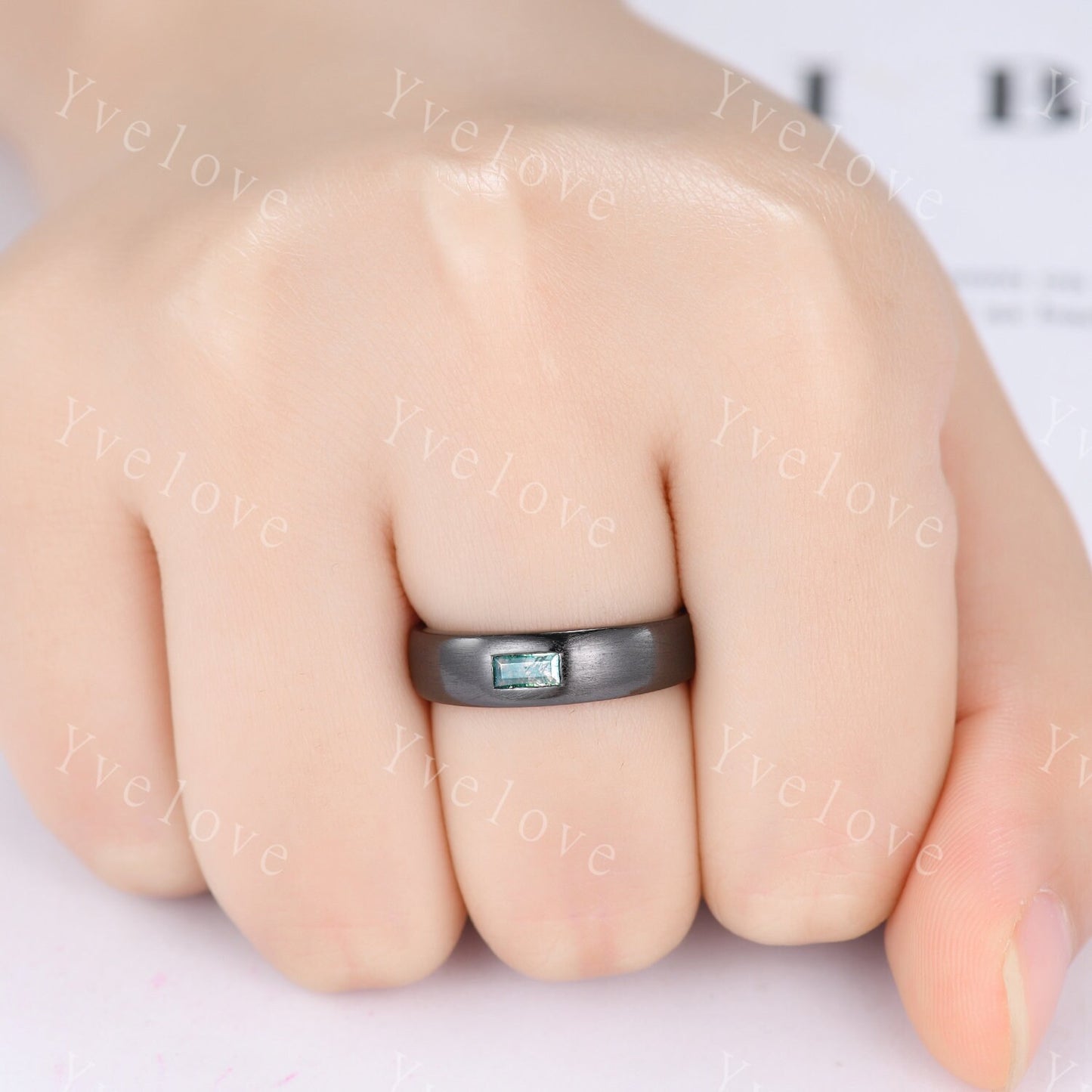 Mens Moss Agate Wedding Band Baguette Cut Natural Agate Band 5mm Black Gold Ring Mens Matte Stacking Matching Band Retro Vintage Ring Gift