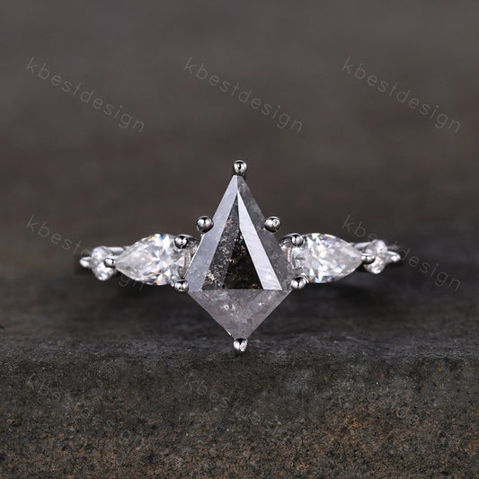 Kite cut salt and pepper diamond engagement ring unique pear moissanite wedding ring 14k white gold five stone ring vintage promise ring