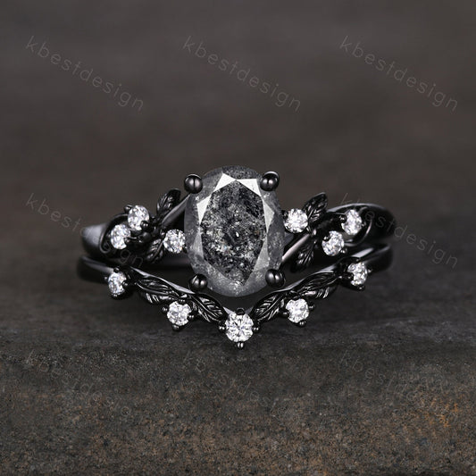 Vintage oval salt and pepper diamond engagement ring set black gold twig leaf moissanite branch ring unique art deco bridal wedding ring set