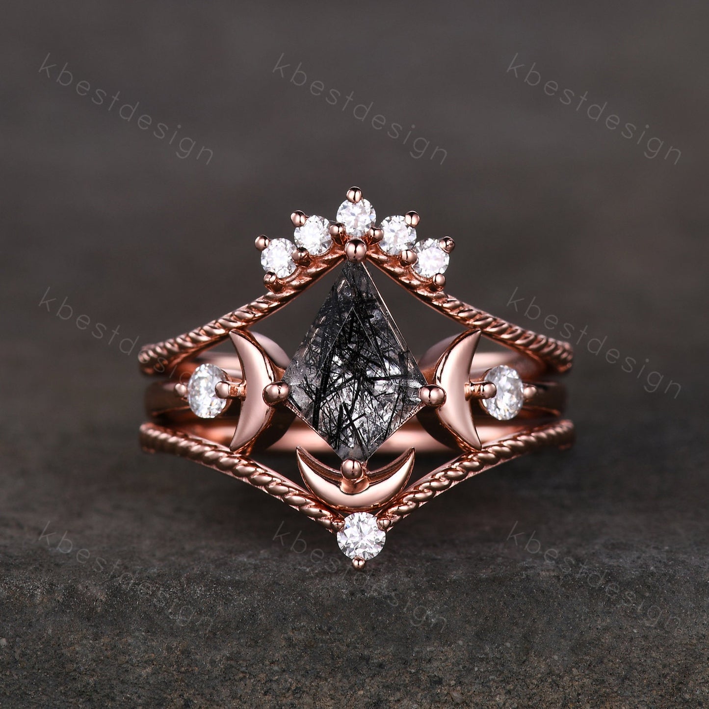 3PCS black rutilated quartz engagement ring set unique moon goddess ring art deco curved mopissanite stacking bridal promise wedding set