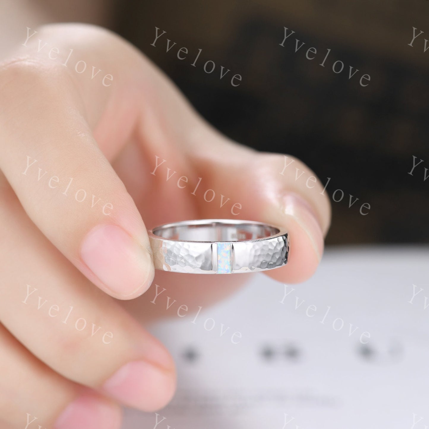 Mens White Fire Opal Wedding Band Baguette Cut Opal Band 5mm Yellow Gold Ring Mens Hammered Stacking Matching Band Retro Vintage Ring Gift