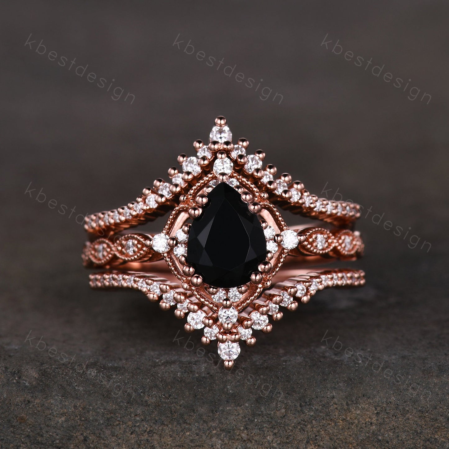 3PCS Vintage black onyx engagement ring rose gold ring art deco curved stacking band pear shaped bridal set unique moissanite wedding set