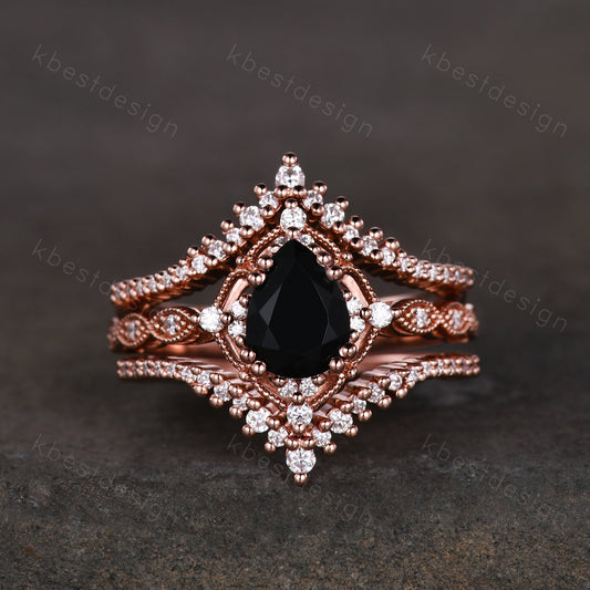 3PCS Vintage black onyx engagement ring rose gold ring art deco curved stacking band pear shaped bridal set unique moissanite wedding set