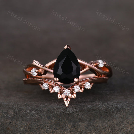 Twig black onyx engagement ring set rose gold ring art deco curved stacking band pear shaped bridal set unique moissanite wedding ring set