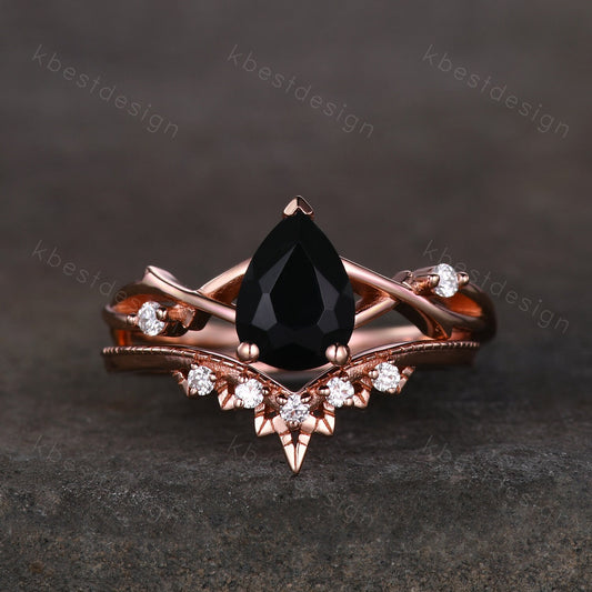 Twig black onyx engagement ring set rose gold ring art deco curved stacking band pear shaped bridal set unique moissanite wedding ring set