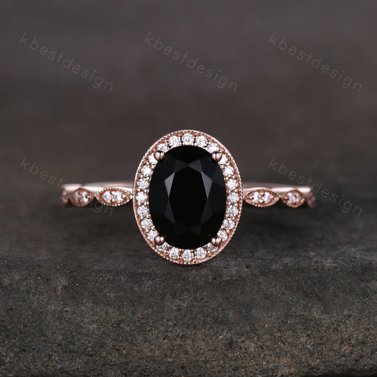 Oval cut black onyx engagement ring rose gold ring unique art deco halo engagement ring half eternity moissanite wedding ring promise ring