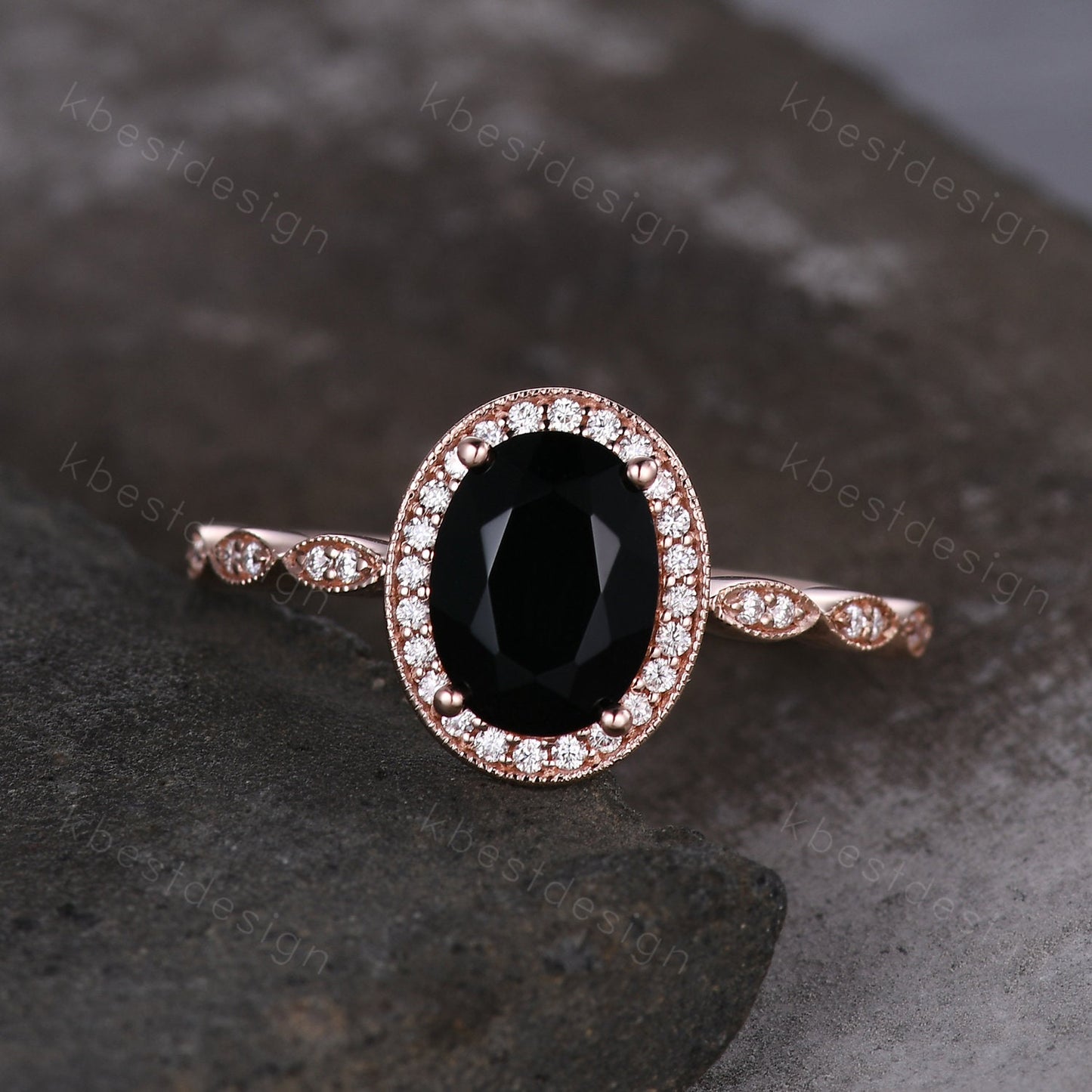 Oval cut black onyx engagement ring rose gold ring unique art deco halo engagement ring half eternity moissanite wedding ring promise ring