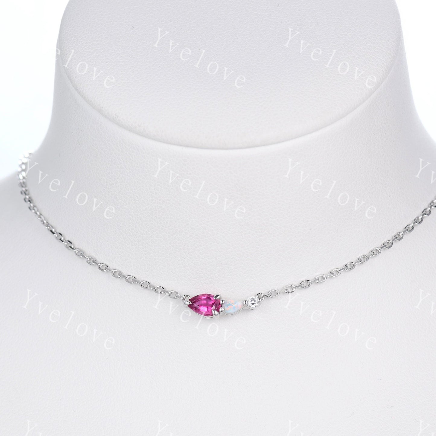 Pink Tourmaline Opal Necklace,Pear Cut Gems,Art Deco Diamond Delicate Dainty Necklace,3 Stone Unique Women Bridal Gift,925 Silver Necklace