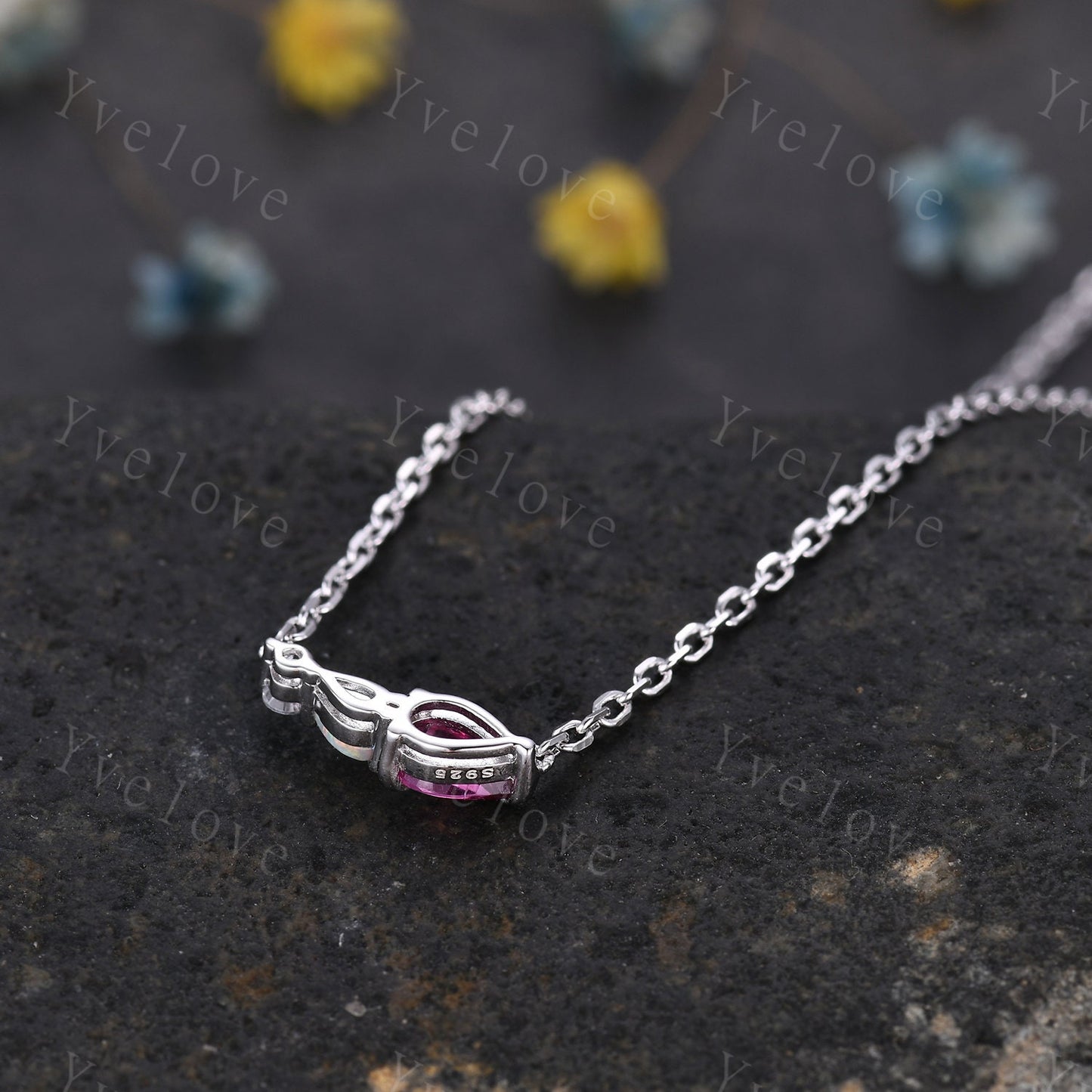 Pink Tourmaline Opal Necklace,Pear Cut Gems,Art Deco Diamond Delicate Dainty Necklace,3 Stone Unique Women Bridal Gift,925 Silver Necklace