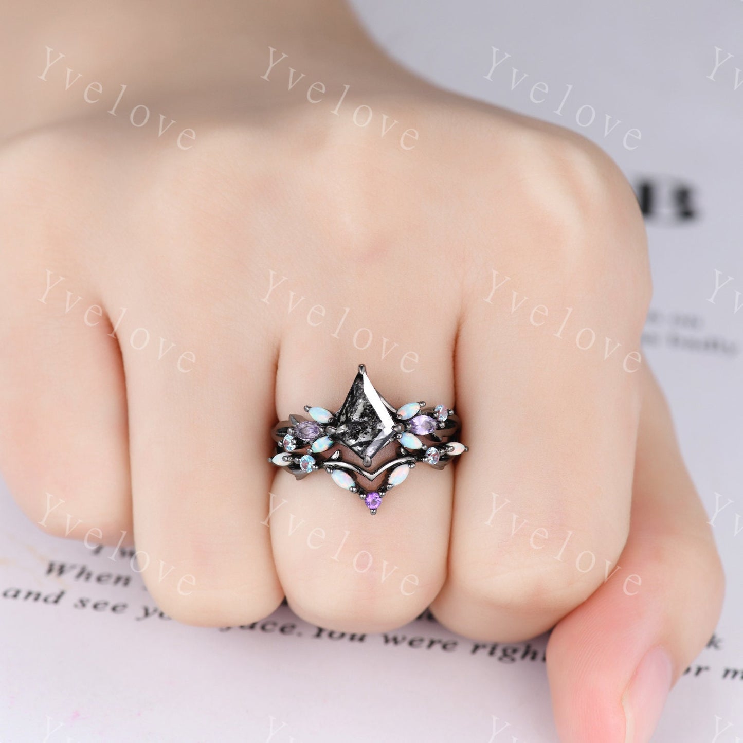 Vintage Kite Salt and Pepper Diamond Engagement Ring,Black Gold,Vines Amethyst Opal Ring,Women Bridal Ring,Unique Twig Promise Ring Gift