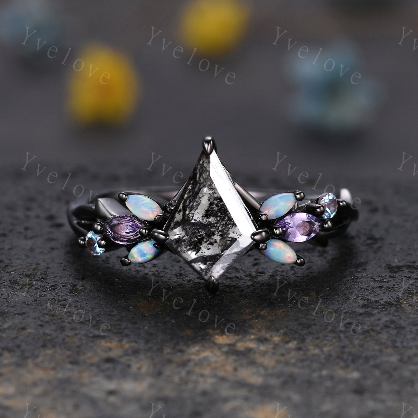 Vintage Kite Salt and Pepper Diamond Engagement Ring,Black Gold,Vines Amethyst Opal Ring,Women Bridal Ring,Unique Twig Promise Ring Gift