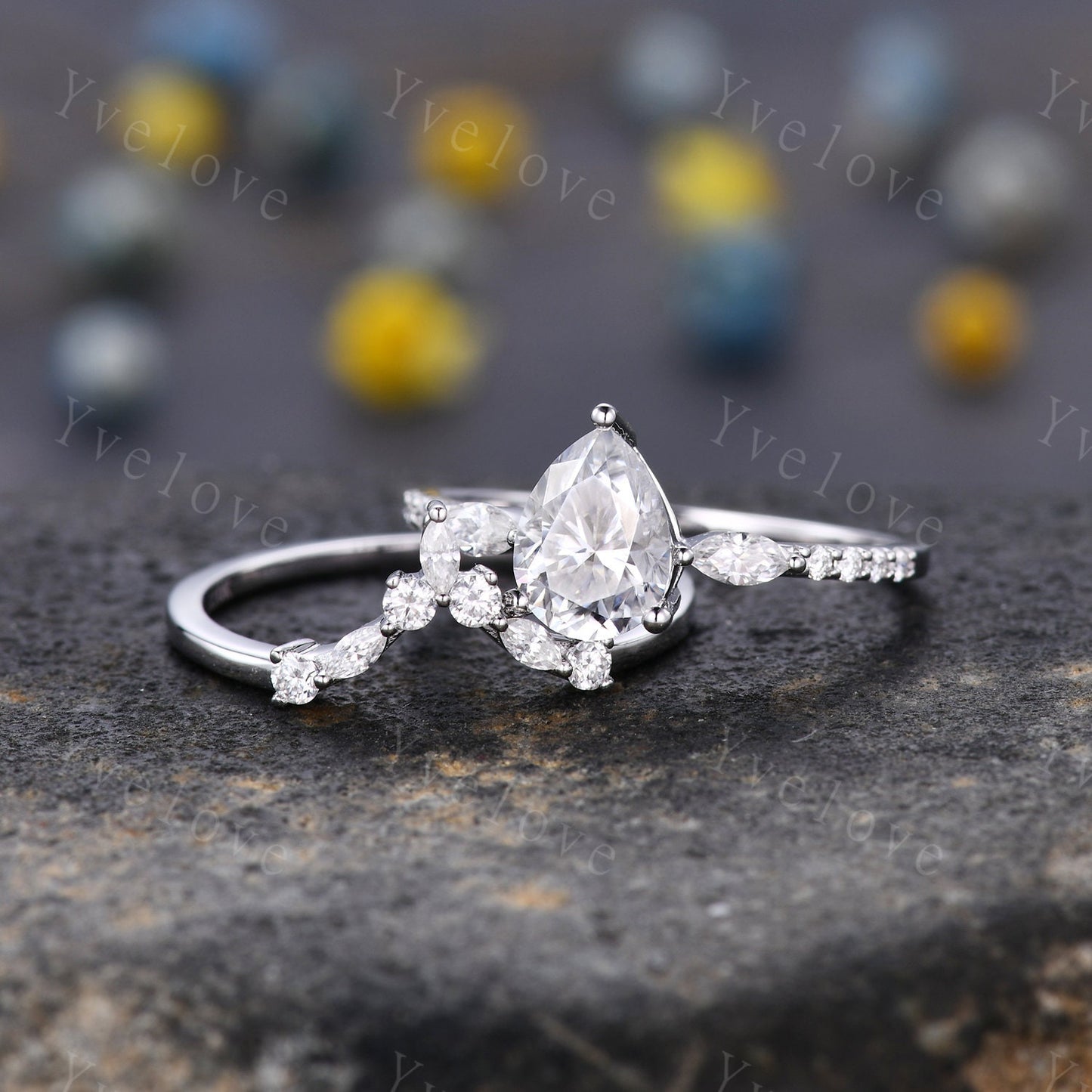 1.5ct Tear Drop Wedding Ring Set,8x6mm Pear Engagement Moissanite Ring,Marquise Moissanite Chevron Band,Rose gold Art Deco Bridal Ring Set