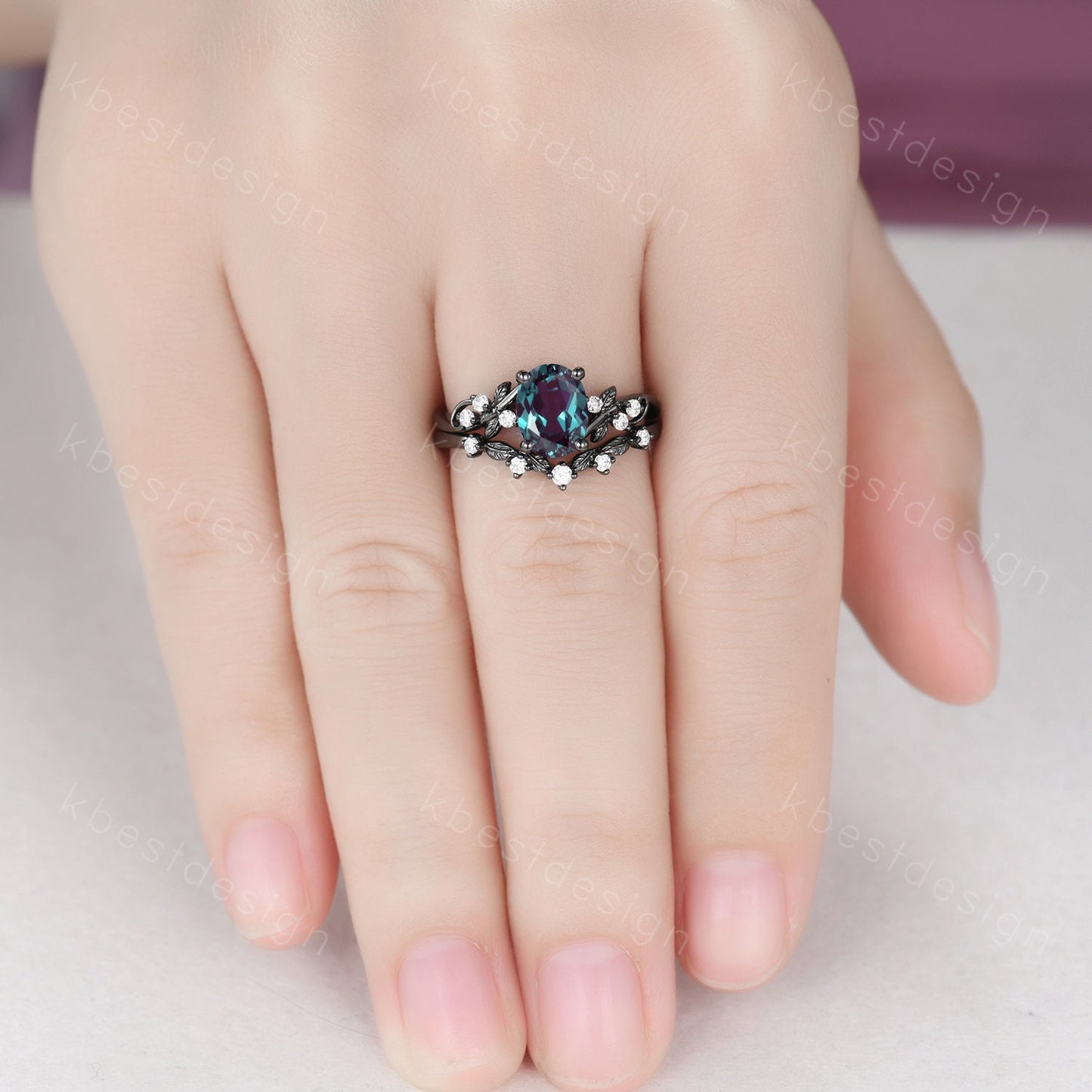 Vintage oval Alexandrite engagement ring set black gold twig leaf moissanite ring June birthstone unique art deco bridal wedding ring set