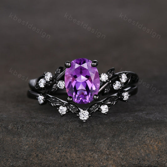 Vintage amethyst engagement ring set black gold twig leaf moissanite ring oval cut bridal ring set unique art deco promise anniversary ring