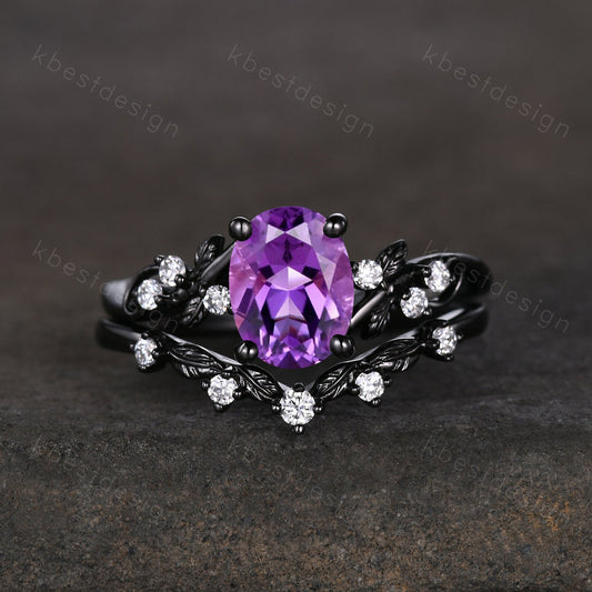 Vintage amethyst engagement ring set black gold twig leaf moissanite ring oval cut bridal ring set unique art deco promise anniversary ring