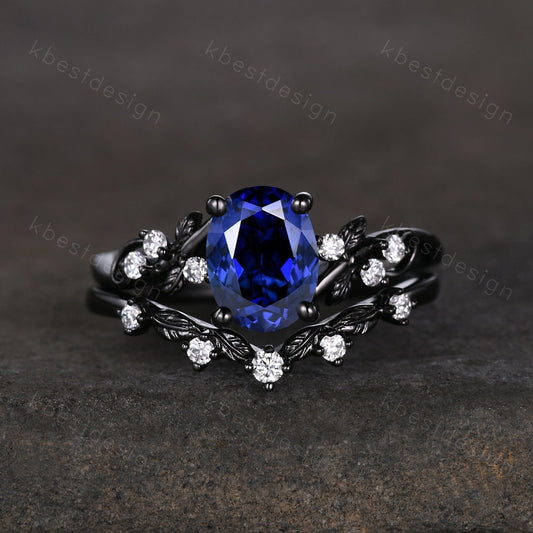 Vintage oval sapphire engagement ring set black gold twig leaf moissanite ring September ring unique art deco bridal wedding ring set