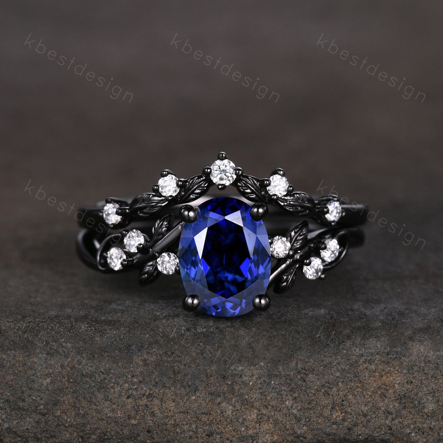 Vintage oval sapphire engagement ring set black gold twig leaf moissanite ring September ring unique art deco bridal wedding ring set