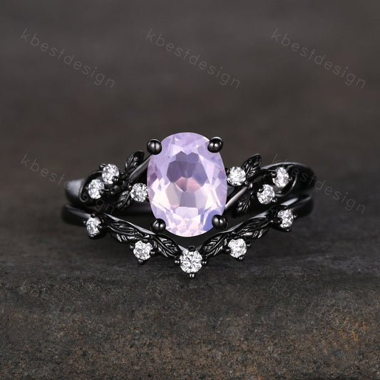 Oval cut Lavender Amethyst Engagement Ring Set Black Gold Rings Unique Art Deco Amethyst Ring For Women Twig Leaf Moissantie Wedding Ring