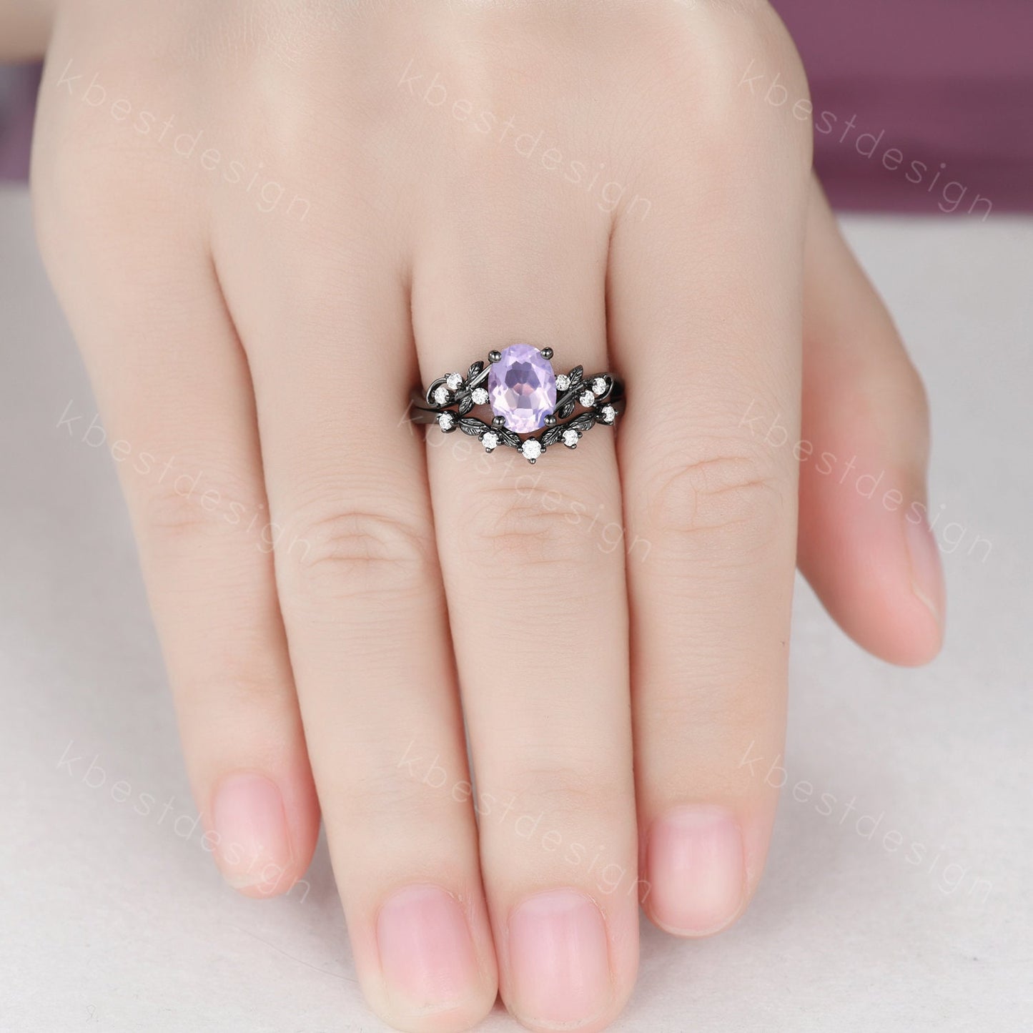 Oval cut Lavender Amethyst Engagement Ring Set Black Gold Rings Unique Art Deco Amethyst Ring For Women Twig Leaf Moissantie Wedding Ring