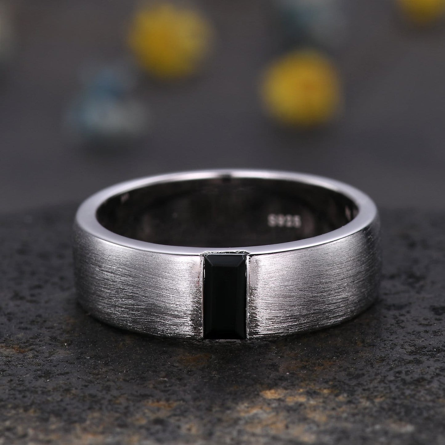 6mm Mens Black Onyx Wedding Band Brushed Baguette Black Onyx Ring Platinum Ring Men Stacking Matching Band Retro Vintage Gift For Husband