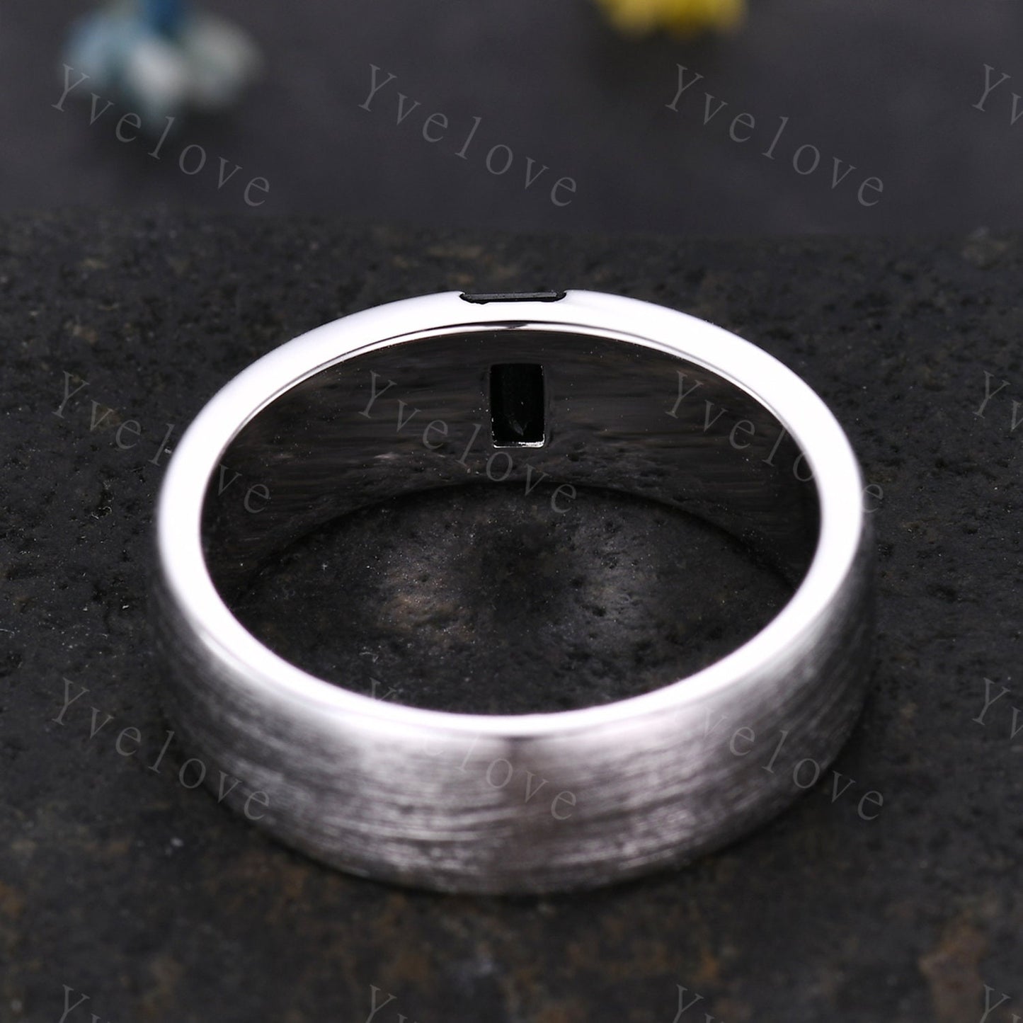 6mm Mens Black Onyx Wedding Band Brushed Baguette Black Onyx Ring Platinum Ring Men Stacking Matching Band Retro Vintage Gift For Husband