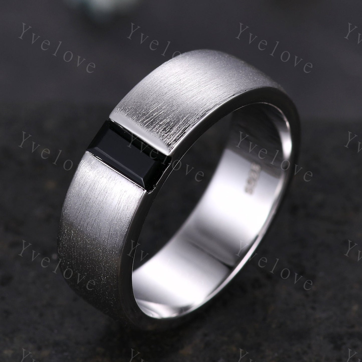 6mm Mens Black Onyx Wedding Band Brushed Baguette Black Onyx Ring Platinum Ring Men Stacking Matching Band Retro Vintage Gift For Husband
