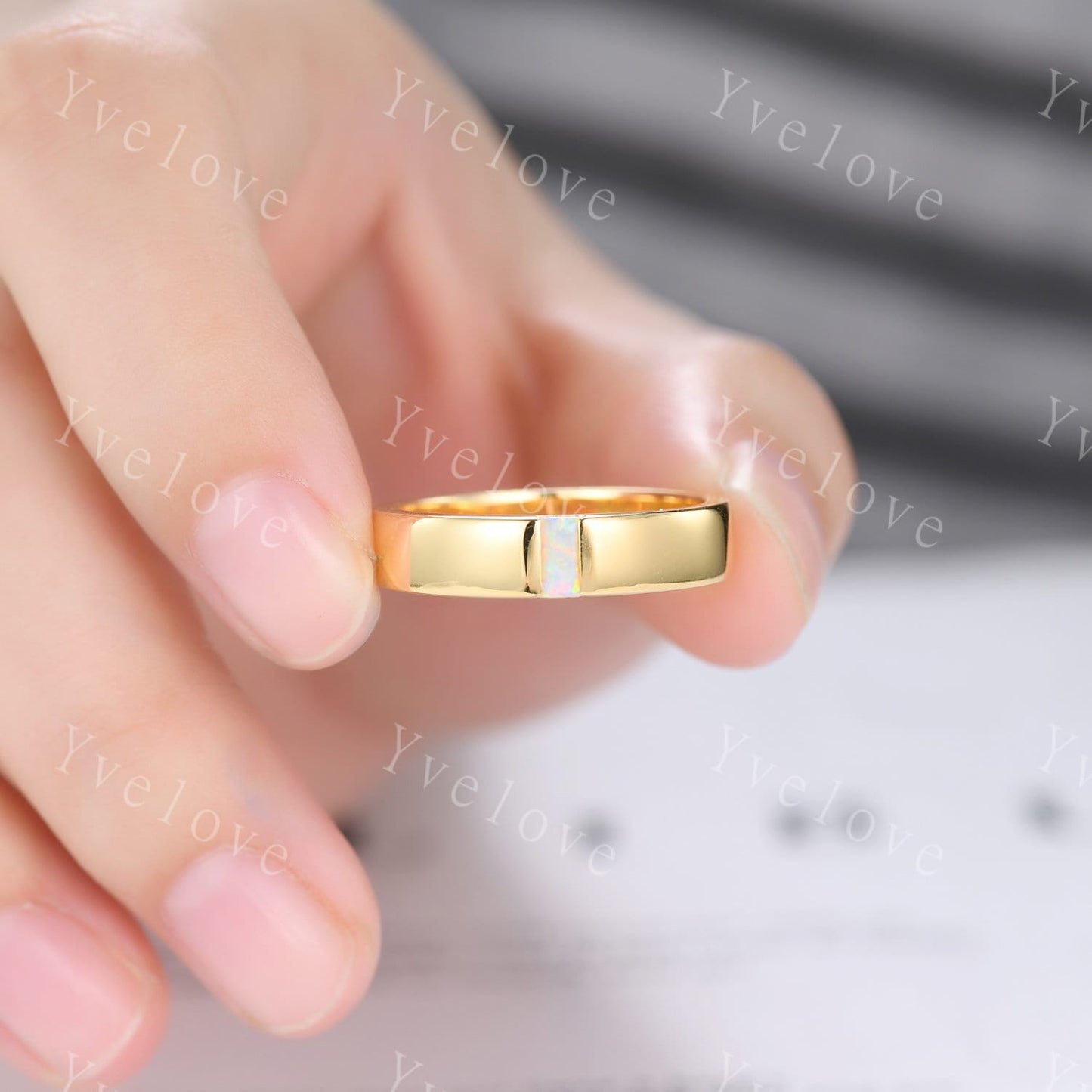 Mens White Opal Wedding Band Baguette Cut Opal Plain Band 5mm White Gold Ring Mens Solitaire Stacking Matching Band Retro Vintage Ring Gift