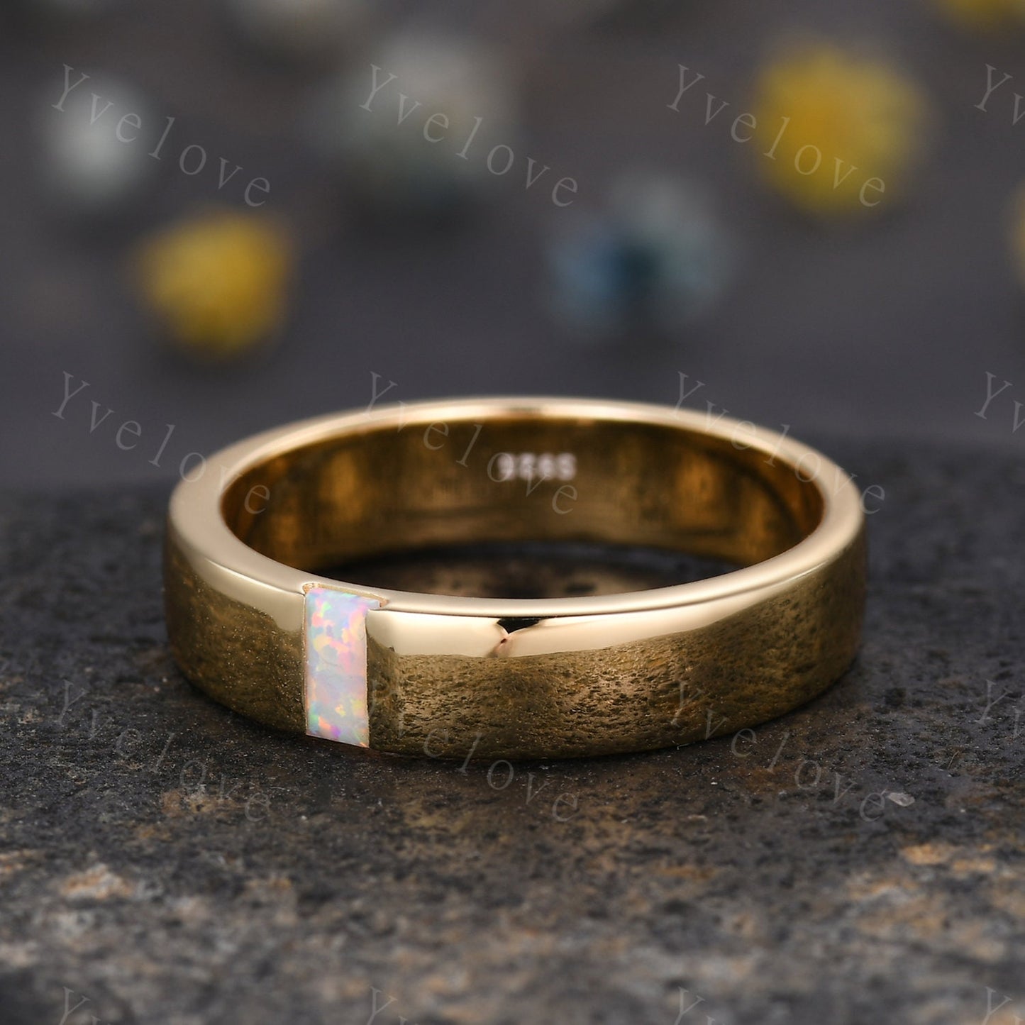 Mens White Opal Wedding Band Baguette Cut Opal Plain Band 5mm White Gold Ring Mens Solitaire Stacking Matching Band Retro Vintage Ring Gift