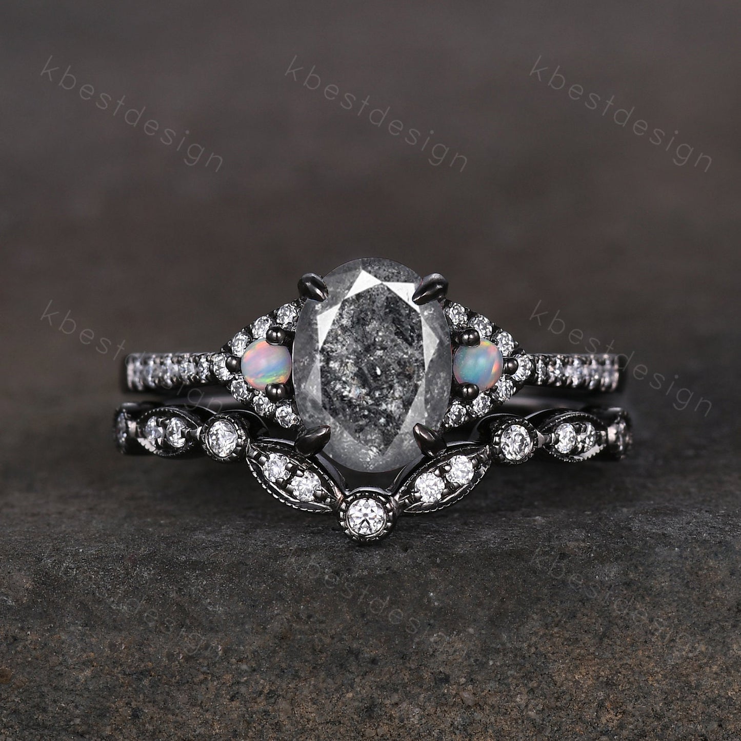 Vintage oval salt and pepper diamond engagement ring set black gold moissanite stacking wedding band unique art deco bridal wedding ring set