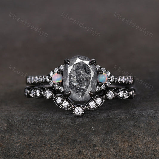 Vintage oval salt and pepper diamond engagement ring set black gold moissanite stacking wedding band unique art deco bridal wedding ring set