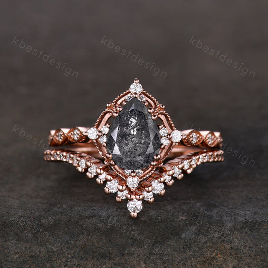 Vintage salt and pepper diamond engagement ring rose gold ring art deco curved stacking band pear shaped bridal set unique moissanite rings