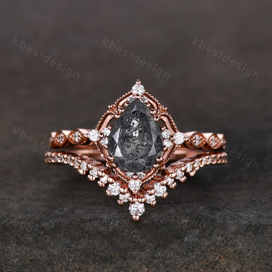 Vintage salt and pepper diamond engagement ring rose gold ring art deco curved stacking band pear shaped bridal set unique moissanite rings