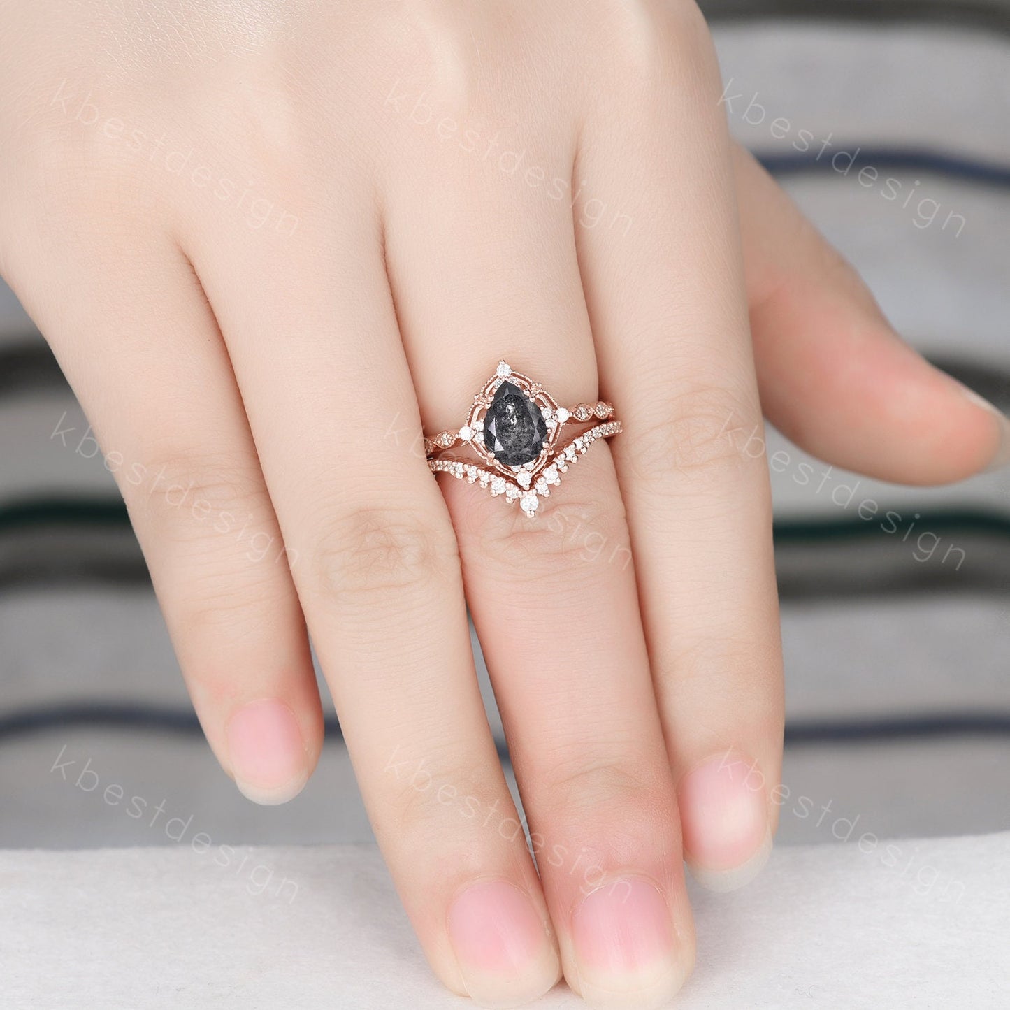 Vintage salt and pepper diamond engagement ring rose gold ring art deco curved stacking band pear shaped bridal set unique moissanite rings