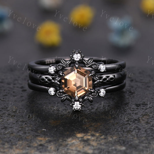 Hexagon Shaped Smoky Quartz Engagement Ring Set Silver Vintage Smoky Quartz Wedding Ring Enhancer Band Art Deco Bridal  Ring Set For Women