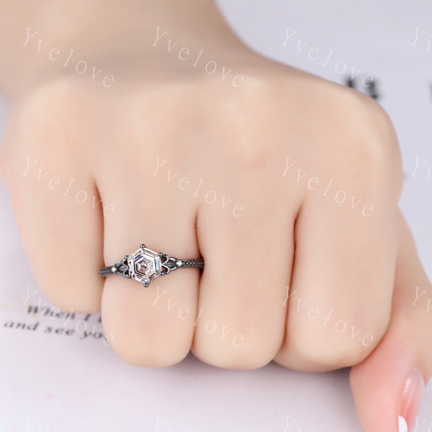 Hexagon Moissanite Engagement Ring Set Vintage Black Gold Ring Unique black enhancer band,Diamond Ring Anniversary Gift,Celtic Gothic Ring