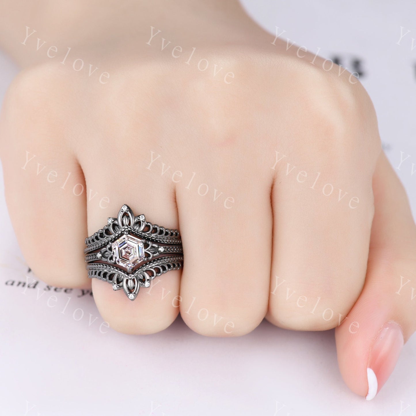 Hexagon Cut Moissanite Engagement Ring Vintage Black Gold Ring Unique black wedding band,Diamond Ring Anniversary Gift,Celtic Gothic Ring