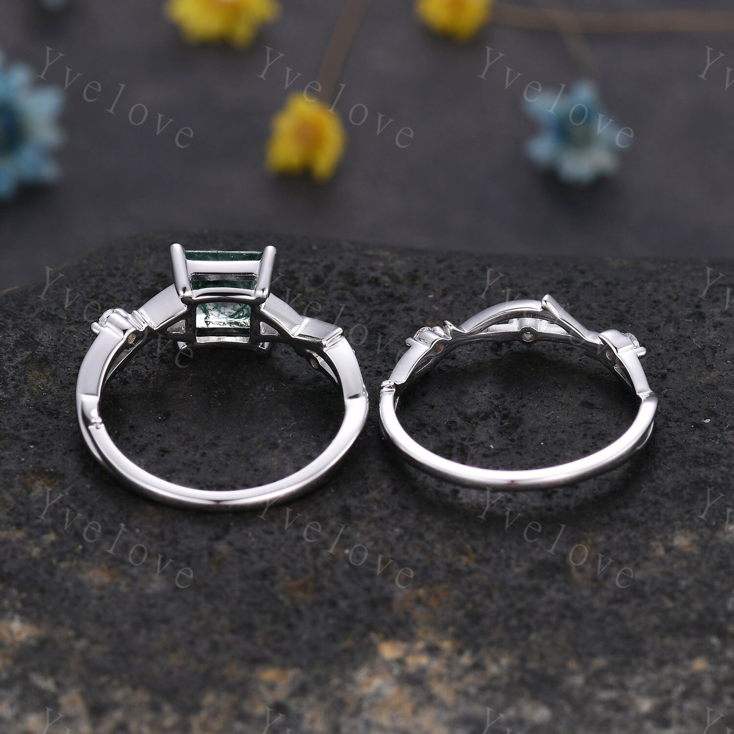 Unique Princess cut Moss Agate Engagement Ring Set,Art Deco Branch Twig Diamond Ring,Silver,Natural Inspired Wedding Ring Gift For her