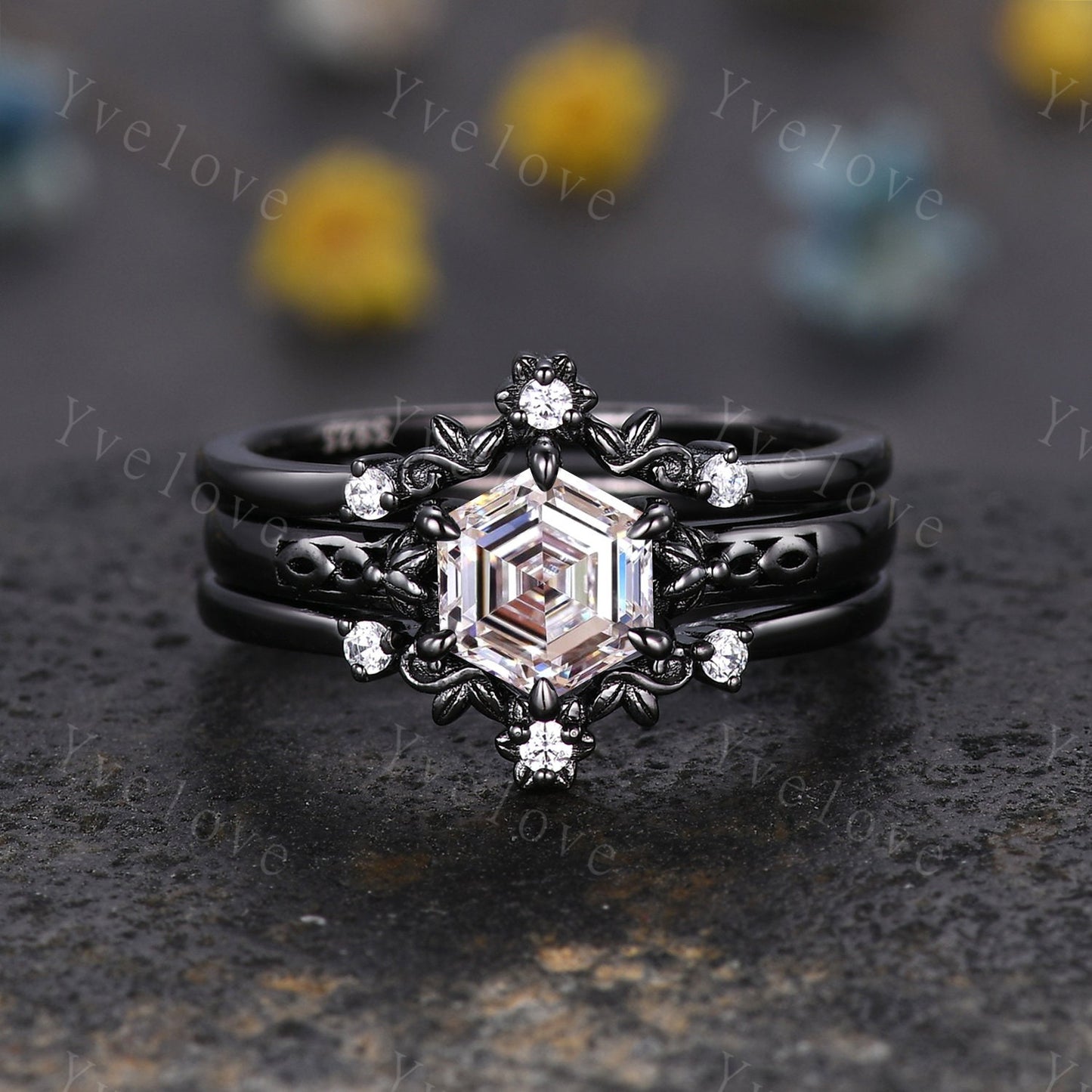 Hexagon Shaped Moissanite Engagement Ring Set 925 Silver Vintage Moissanite Wedding Ring Enhancer Band Art Deco Bridal  Ring Set For Women