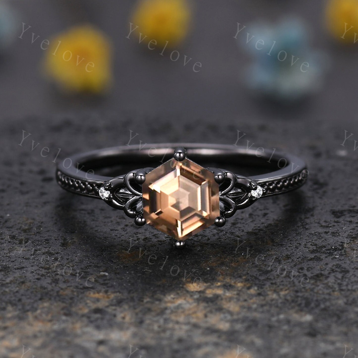 Vintage Black Gold Hexagon Cut Smoky Quartz Engagement Ring Set Unique Bridal Set,Diamond Ring Dark Promise Wedding Set,Celtic Enhancer Band