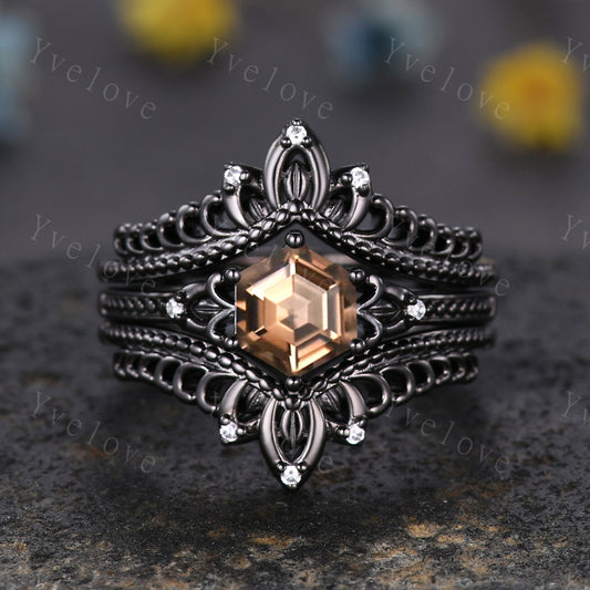 Vintage Black Gold Hexagon Cut Smoky Quartz Engagement Ring Set Unique Bridal Set,Diamond Ring Dark Promise Wedding Set,Celtic Enhancer Band