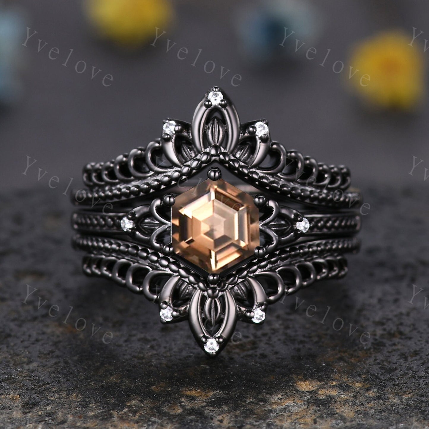 Hexagon Cut Smoky Quartz Engagement Ring Vintage Black Gold Ring Unique black wedding band,Diamond Ring Anniversary Gift,Celtic Gothic Ring