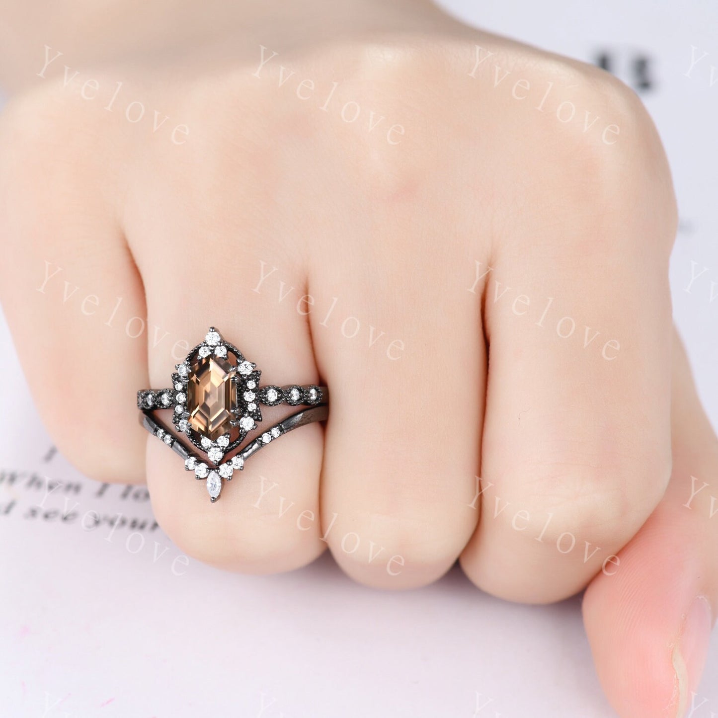 Retro Hexagon Shaped Smoky Quartz Engagement Ring Set Black Gold Antique V Curved Moissanite Stacking Matching Wedding Band Bridal Set