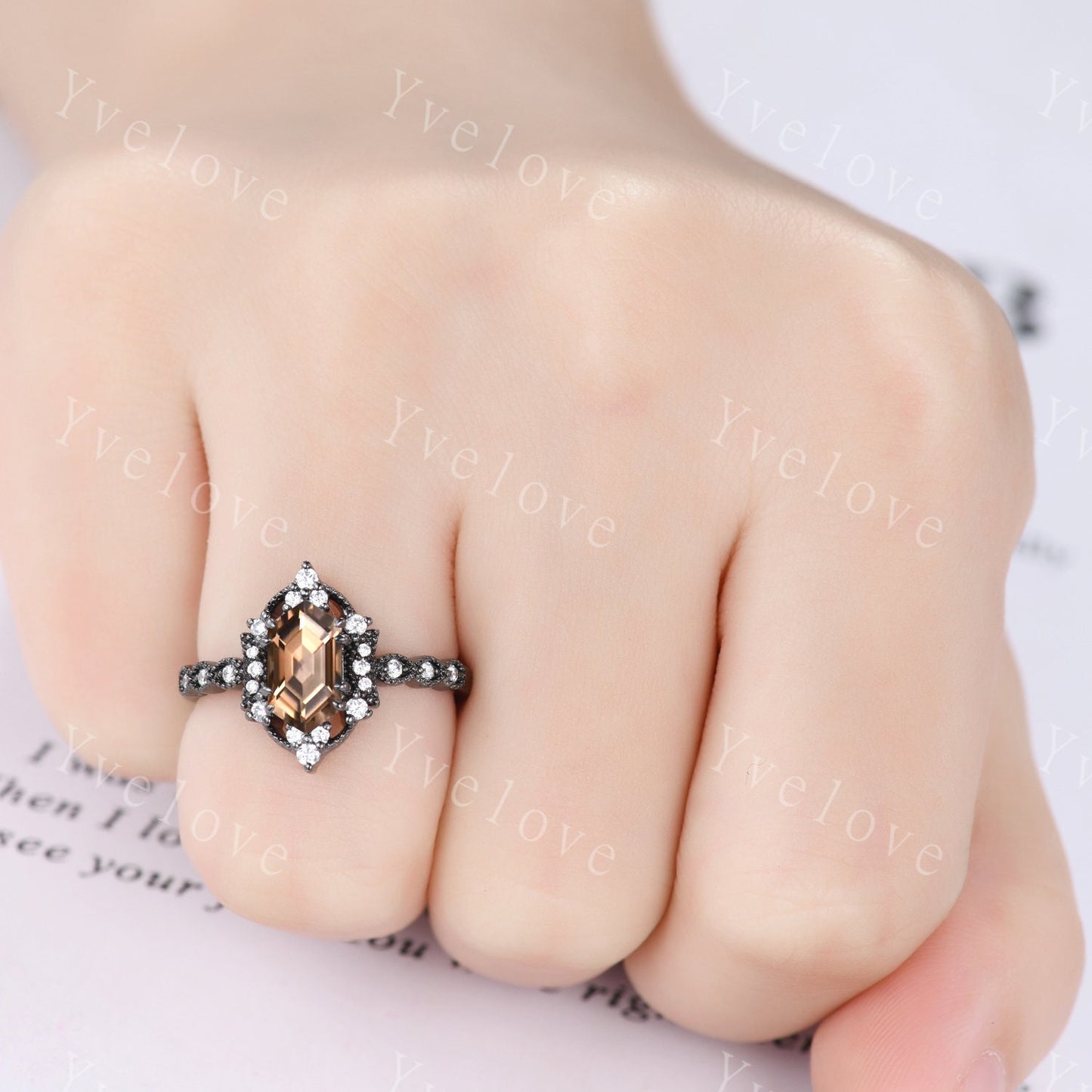 Retro Hexagon Shaped Smoky Quartz Engagement Ring Set Black Gold Antique V Curved Moissanite Stacking Matching Wedding Band Bridal Set