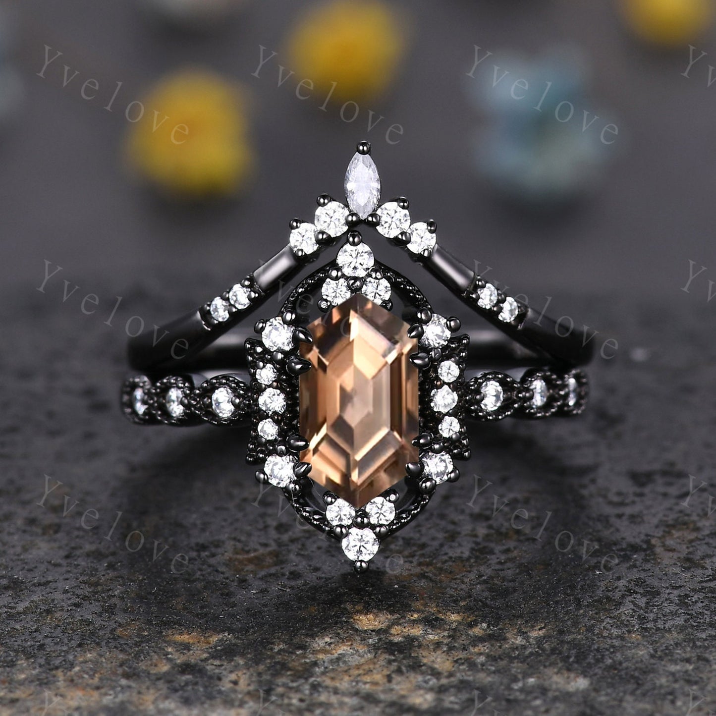 Retro Hexagon Shaped Smoky Quartz Engagement Ring Set Black Gold Antique V Curved Moissanite Stacking Matching Wedding Band Bridal Set