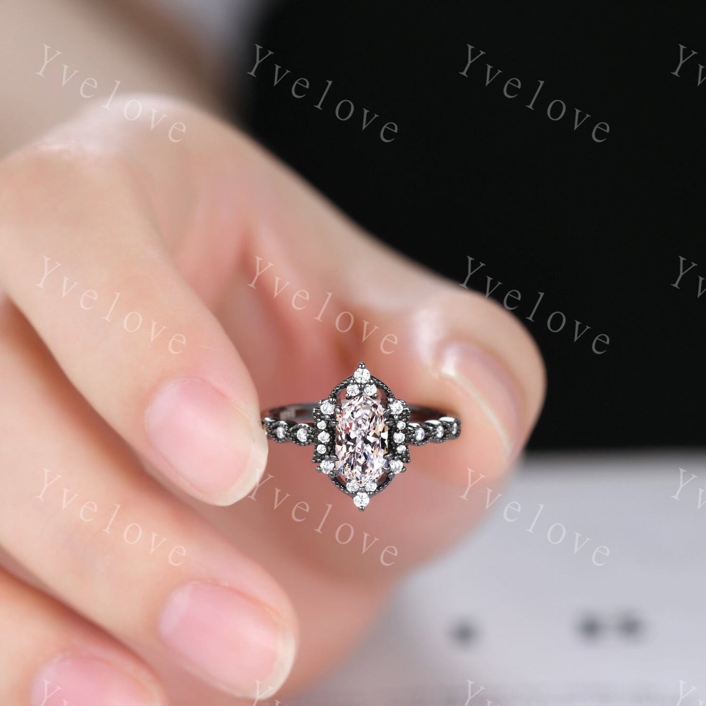 Retro Hexagon Shaped Moissanite Engagement Ring Set Black Gold Antique V Curved Moissanite Stack Matching Wedding Band Bridal Set For Women