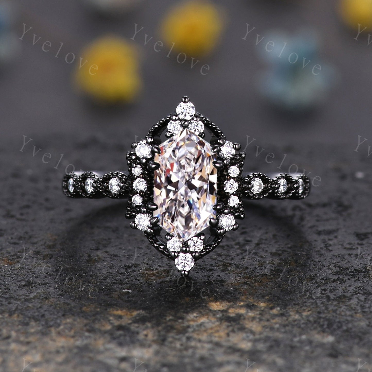 Retro Hexagon Shaped Moissanite Engagement Ring Set Black Gold Antique V Curved Moissanite Stack Matching Wedding Band Bridal Set For Women