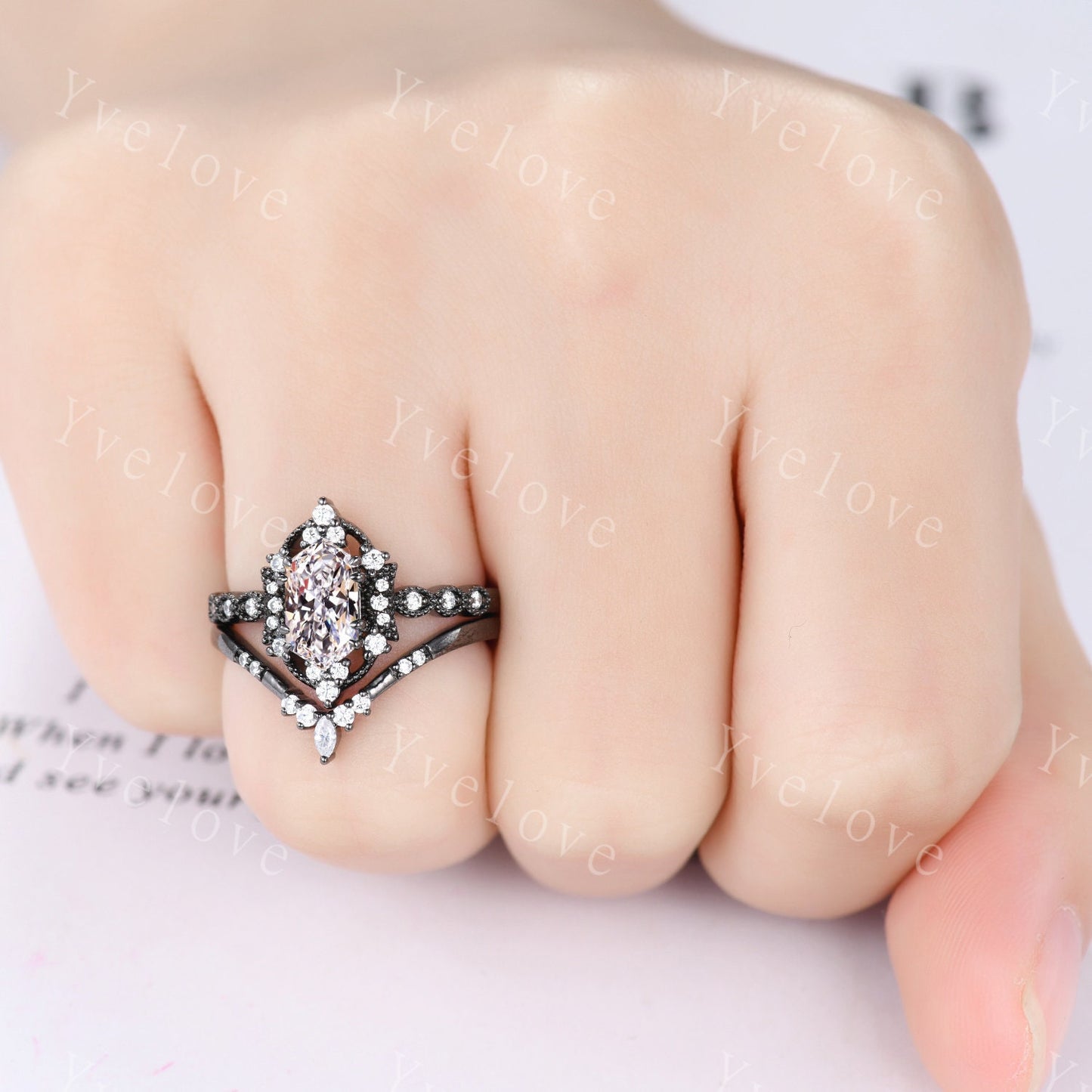 Retro Hexagon Shaped Moissanite Engagement Ring Set Black Gold Antique V Curved Moissanite Stack Matching Wedding Band Bridal Set For Women