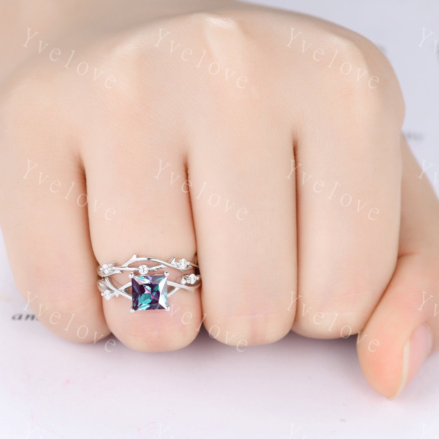 Unique Princess cut Alexandrite Engagement Ring Set,Art Deco Branch Twig Diamond Ring,Silver,Promise Wedding Ring Anniversary Gift For her