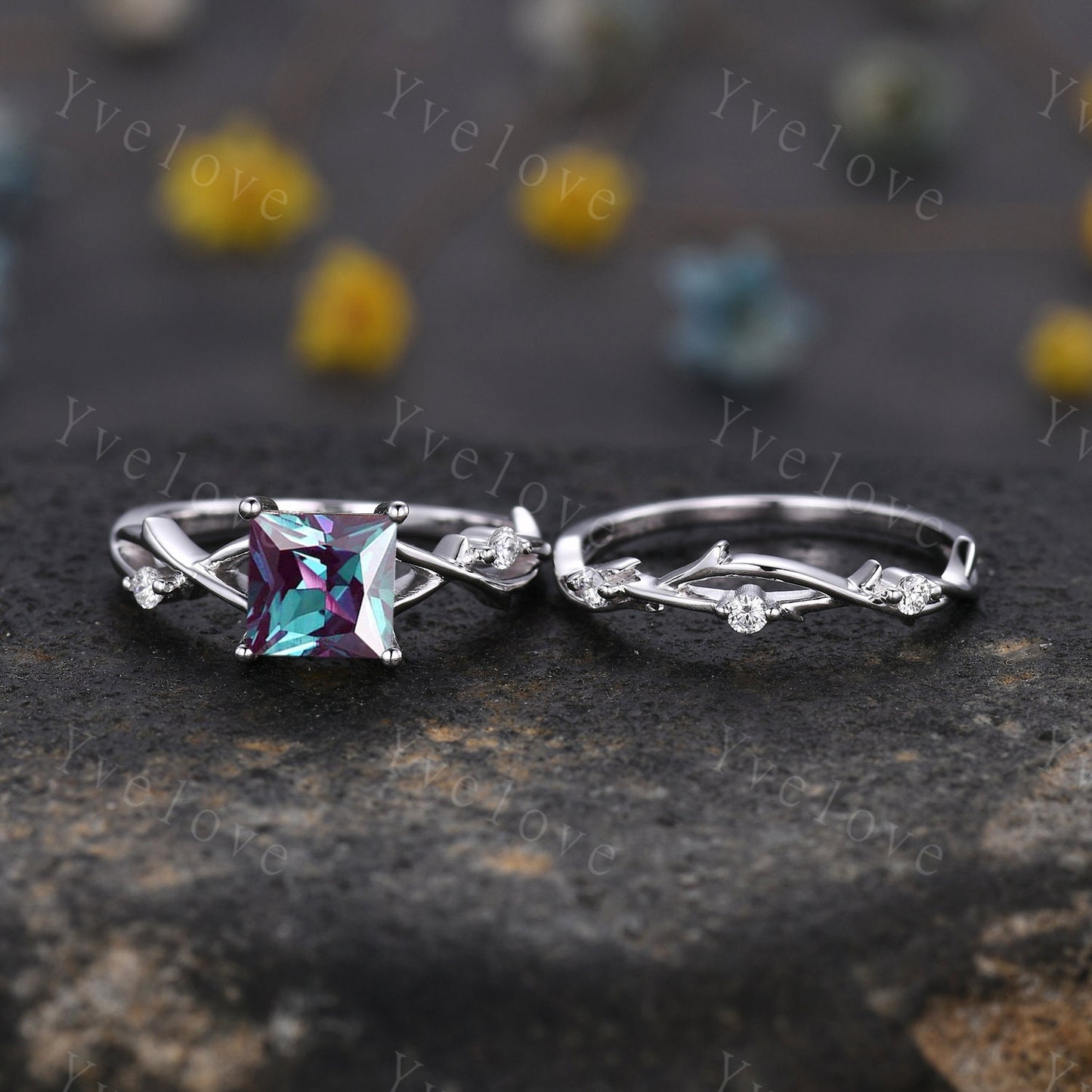 Unique Princess cut Alexandrite Engagement Ring Set,Art Deco Branch Twig Diamond Ring,Silver,Promise Wedding Ring Anniversary Gift For her